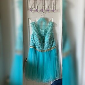 Aqua Blue Jeweled Prom Dress
